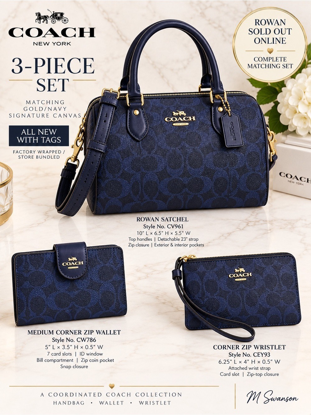 NEW Coach Navy Signature 3-Piece Medium Rowan Satchel Wallet Wristlet Set NWT - Picture 2 of 6